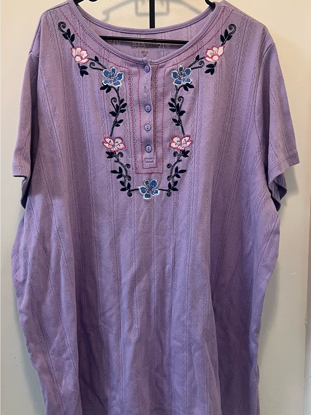 Woman Within Lavender Short-Sleeve Embroidered Henley